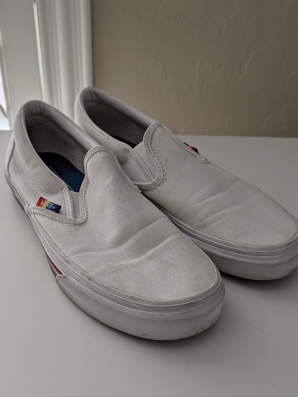 Vans Classic Slip-On Rainbow Sole  Pride White Shoe Sneaker Wms 8